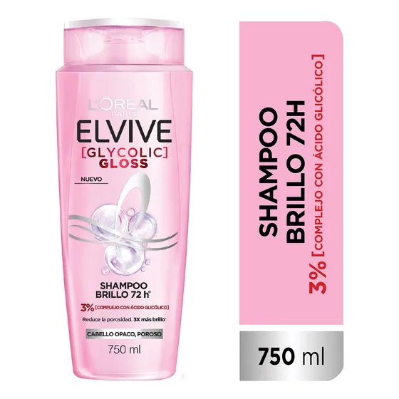 L'Oréal Paris Glycolic Gloss Shampoo Elvive Glycolic Gloss 750ml Shampoo de cítrica, jazmín y cedro. en botella de 750mL por 1 unidad de 750mL