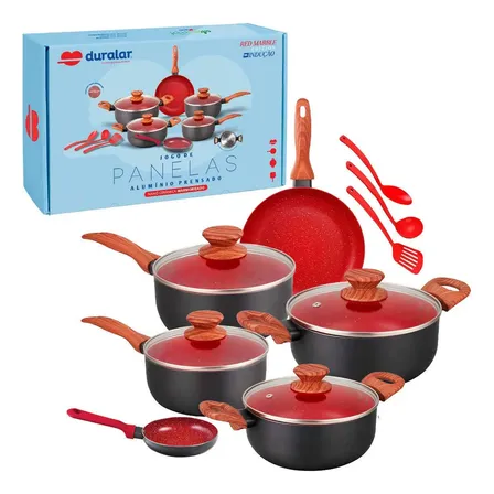 Jogo De Panela Alumínio Nanoceramica Duralar 9 Peças Indução Cinza Com Vermelho