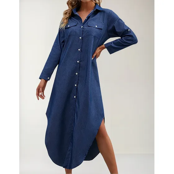 Vestido De Camisa Solta Manga Longa Com Botão E Estampa