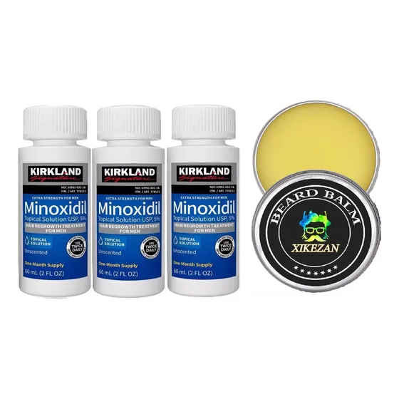 Combo Tripack Minoxidil Kirkland + Balsamo Hidrar Barba Piel