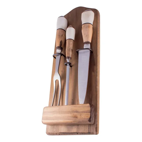 Cuchillo, Tenedor Y Chaira, Set 3 Piezas C/soporte De Madera