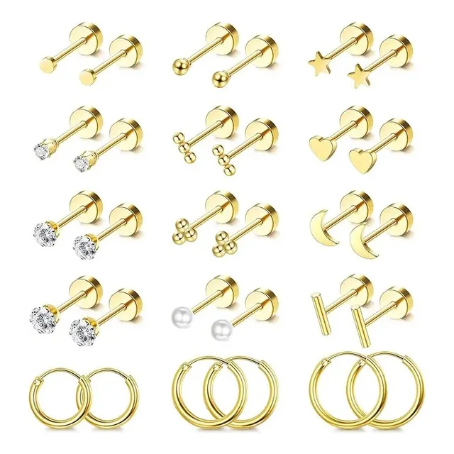15 Pare Aretes De Oro 14k Mujer Arracadas Piercing Cartílago