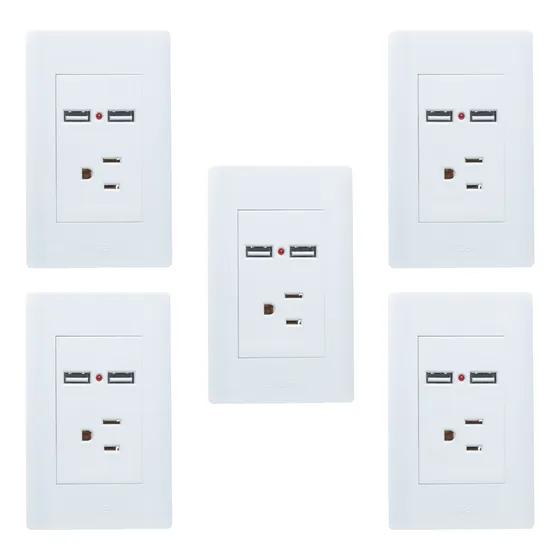 Paq 5 Placas Con 1 Contacto Y 2 Entradas De Usb Lucek 15 A 127v Blanco