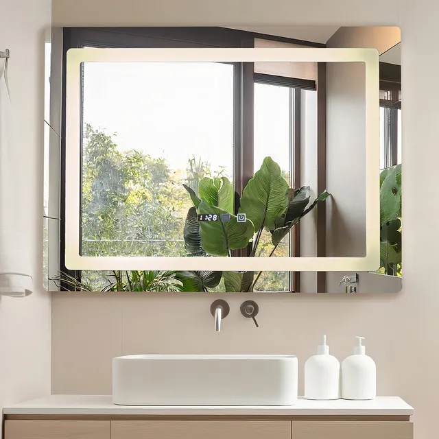 Espejo Con Luz Led Touch Baño 80x60 Rectangular Hora Antiniebla Antivaho Plateado Biselado Inteligente Aestethic Bonitos Digital Grandes Cuerpo Decorativo Decorativos