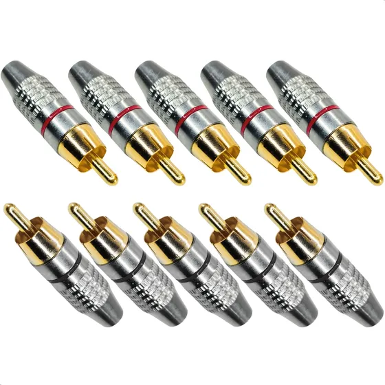 Plug Rca Macho Kit 10 Unidades Metal Niquelado Ponta Banhada A Ouro Macho Para Fio Cabo