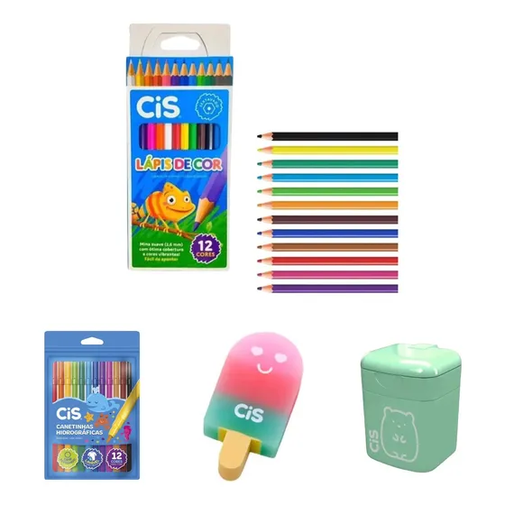 Kit Lápis De Cor+canetinhas 12 Cores+borracha+ Apontador Cis