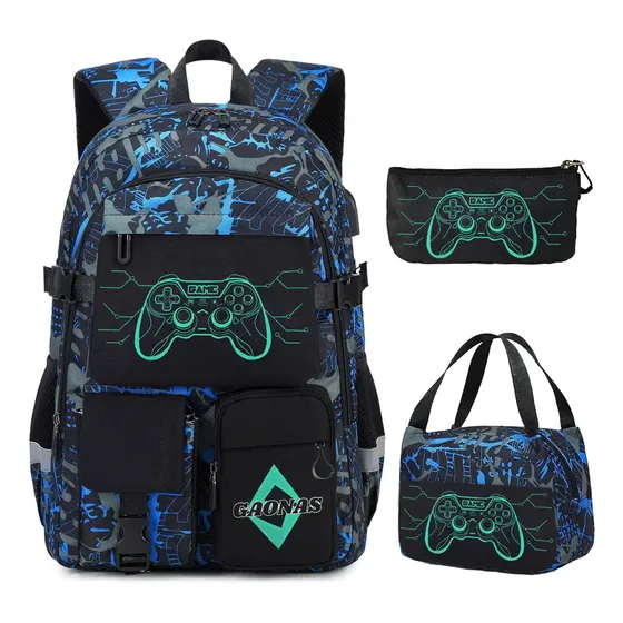 Mochila escolar noveve Mochila Infantil cor azul design geométrico 30L Grande Bolsa Escolar Menino Impermeavel 3 Kit