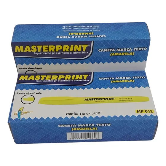 Marca Texto Amarelo Masterprint MP612 Caixa 12 Unidades Ponta Biselada