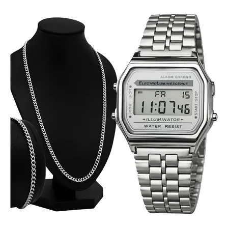 Relógio Masculino Casual Quadrado Retrô Kit Cordão Pulseira Prata Prateado Cinza