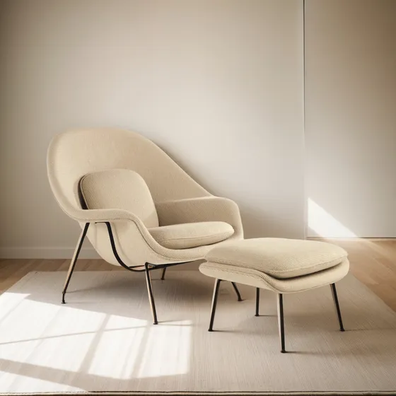 Poltrona Womb Chair Com Puff Em Linho Bege