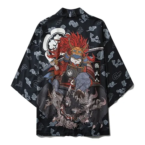 Kimono Cardigan Yukata Neko Samurai Japones Verano Camisa