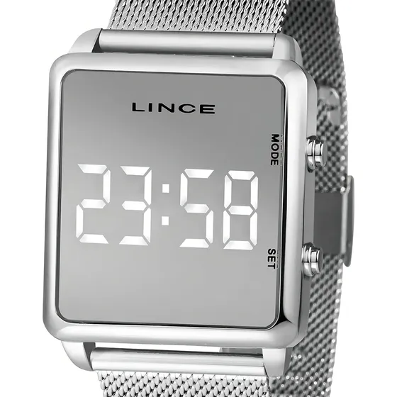 Relógio Lince Feminino Prata Quadrado Led Espelhado Mdm4619l Cor Da Correia Prata