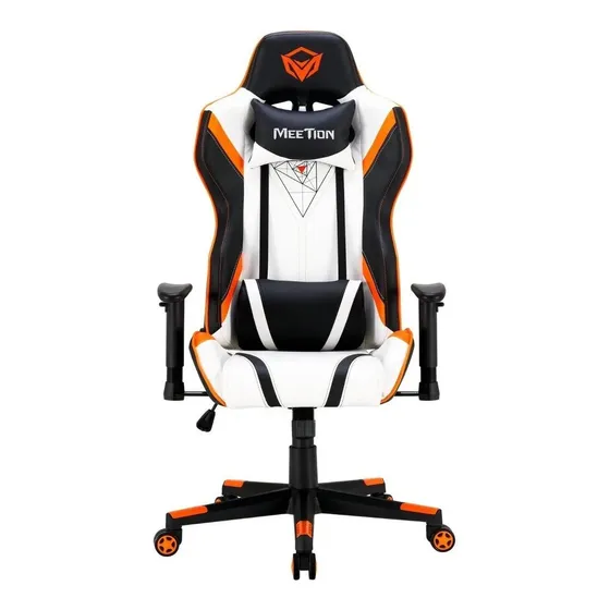 Silla de escritorio Meetion CHR15 MT-CHR15 gamer ergonómica negra, blanca y naranja con tapizado de cuero sintético