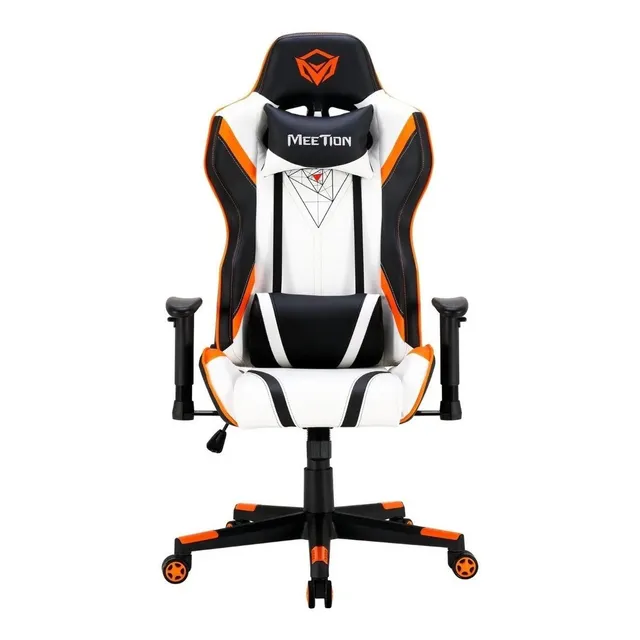 Silla de escritorio Meetion CHR15 MT-CHR15 gamer ergonómica negra, blanca y naranja con tapizado de cuero sintético