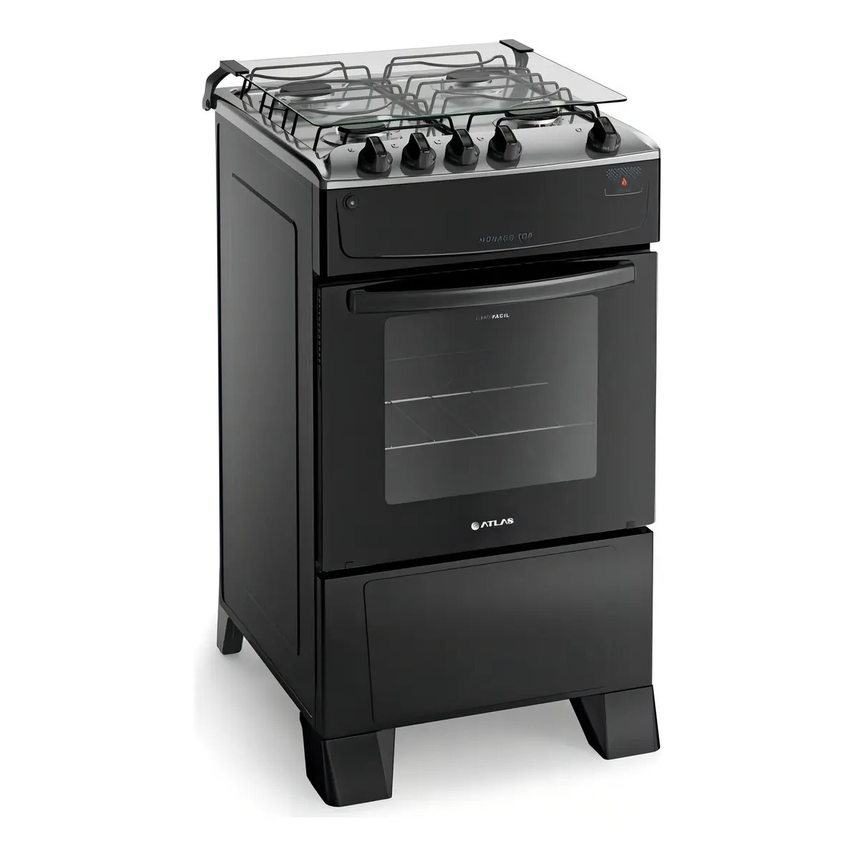 Fogão 4 Bocas Atlas Mônaco Top Com Mesa Inox e Forno de 50 Litros e Acendimento Automático Preto Bivolt Fogão 4 Bocas Atlas Mônaco Top Com Mesa Inox e Forno de 50 Litros e Acendimento Automático Preto Bivolt