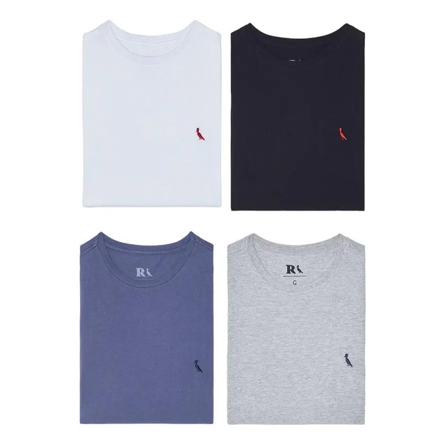 Kit contendo quatro camisetas masculinas da marca Reserva nas cores branca, preta, azul e cinza, todas com o logotipo do pica-pau bordado no peito.