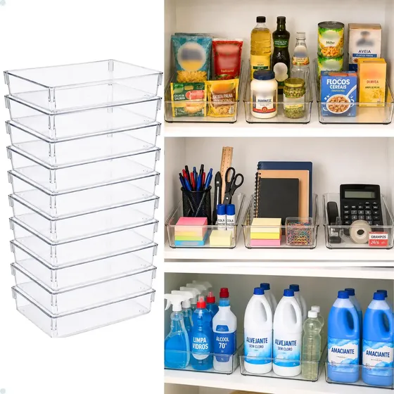 Kit 10 Organizador Geladeira Armário Cozinha Despensa Lavanderia Gaveta Escritório Multiuso Acrílico