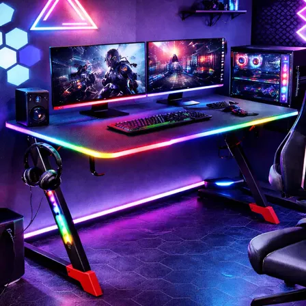 Mesa Gamer Escrivaninha Com Leds Rgb Suporte Headset E Copo Preto