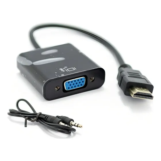 Convertidor HDMI a VGA con cable auxiliar y resolución 1080p