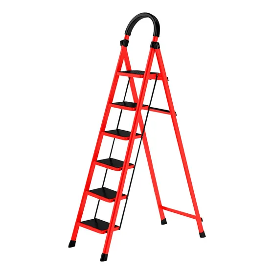 Escalera 6 Pasos Plegable De Metal Ligera Y Segura Color Rojo