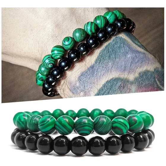 Kit 2 Pulseiras Masculinas Pedra Ônix E Malaquita Verde 8mm