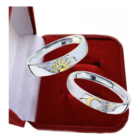 Aliança Anel Casal Prata 925 Sol E Lua Ouro 18k Com Caixinha