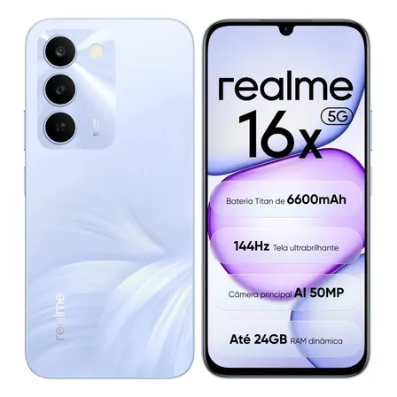 Celular Smartphone Realme 16x 5g 128gb 4gb Ram Dual Sim Nfc Mediatek Dimensity 6300,bateria Titan 6600mah,tela Ultrabrilhante 144hz, Ip64, Câmera 50mp, Android 16, Lilás