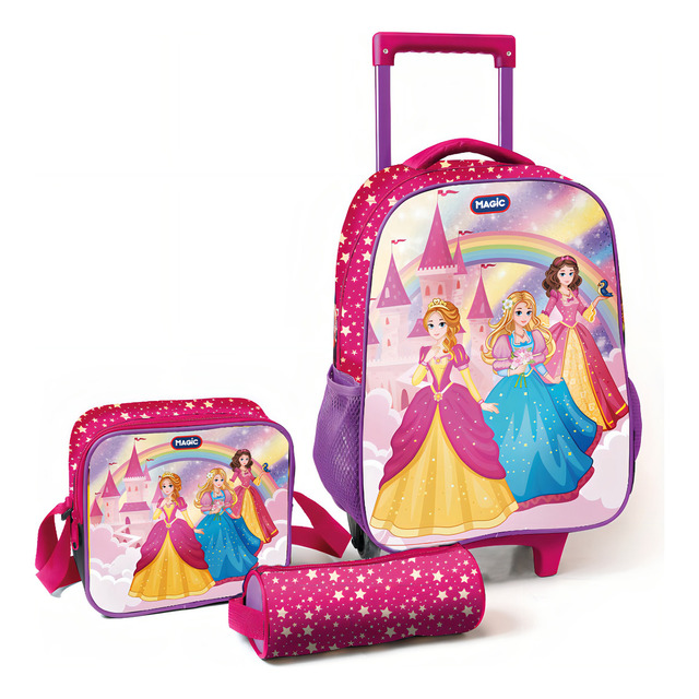 Kit De Mochila Escolar Magic Kids Mochila De Rodinhas Com Estojo E Lancheira Princesas Kit De Mochila Escolar Magic Kids Mochila De Rodinhas Com Estojo E Lancheira Princesas