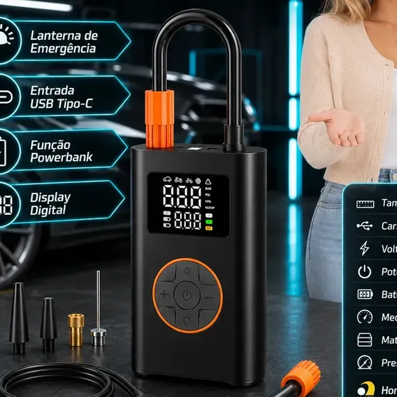 Compressor de Ar Digital Portátil Lumi, Sem Fio, Para Carro e Moto