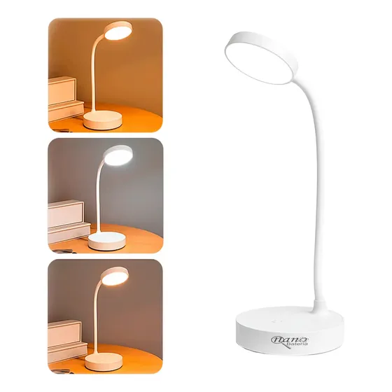Luminária De Mesa Touch 20 Leds Flexível Estudo Leitura Compacta Escritorio Abajur Escritório Branco Nano Bateria