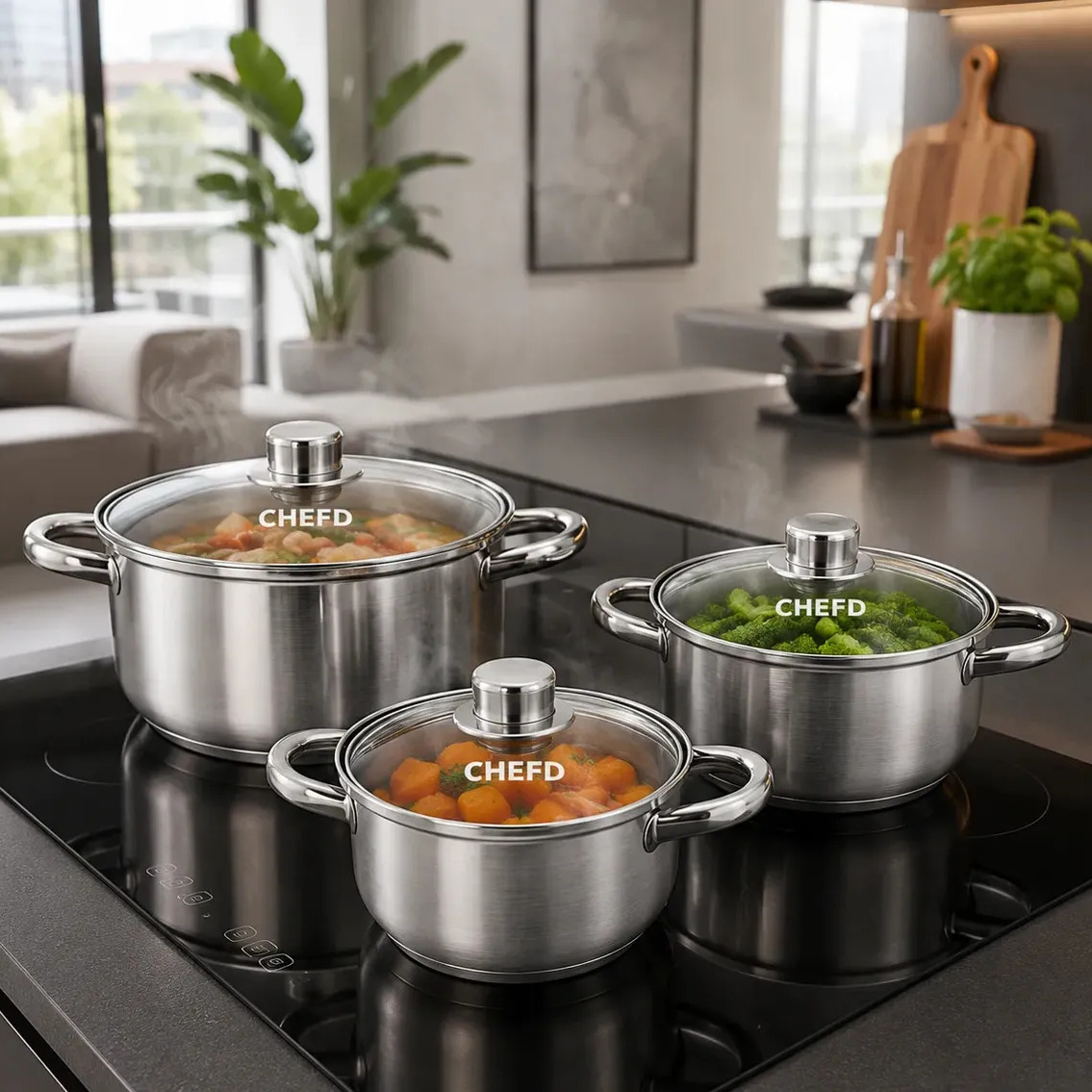 Conjunto de 3 panelas de aço inoxidável da marca Chef D com tampas de vidro, dispostas sobre um cooktop de indução em uma cozinha moderna.