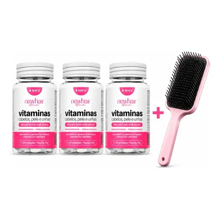 Vitamina Capilar Ácido Hialurônico New Hair 3 Potes + Escova