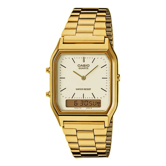 Reloj pulsera Casio AQ-230 con correa de acero inoxidable color dorado - fondo blanco/dorado