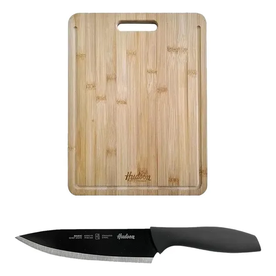 Set X2 Cuchillo Acero Cheff Basic 7 Tabla Picar Bambu Negro