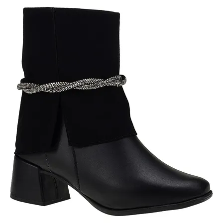 Bota Salto Bico Quadrado Strass Ziper Gola Capa Virada Macia