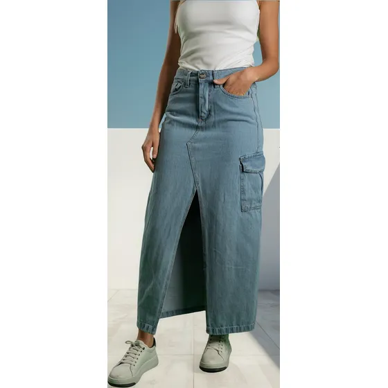 Pollera Cargo De Jean Larga Falda Denim Larga Bolsillos