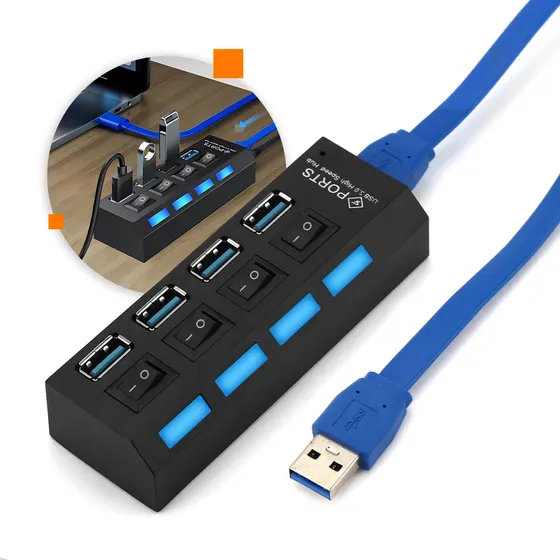 Hub Usb Cabo 3.0 Adaptador Switch 4 Portas De Mesa Com Led