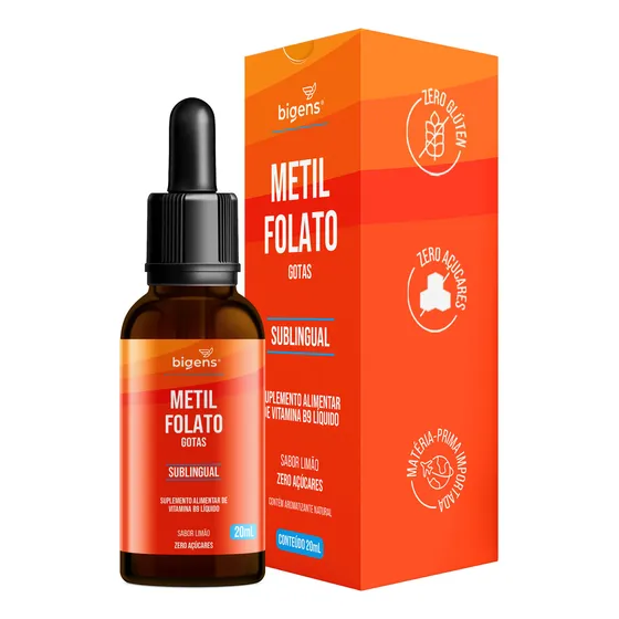 Metilfolato Vegan Vitamin Gotas Liquido, Ácido Fólico Ativo, Sabor Limão, 20 Ml, Bigens