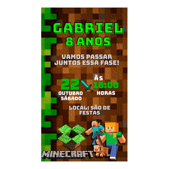 Kit Convite Digital E Impresso Tema Mine Craft 20 Unidades