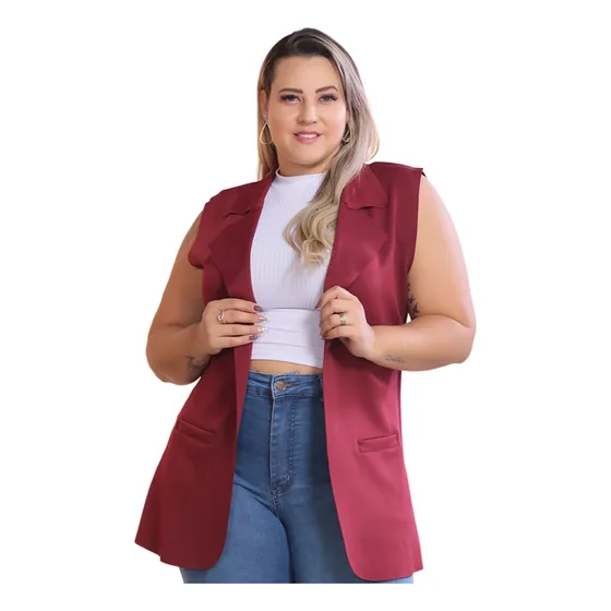 Colete Feminino Plus Size Longo De Neoprene Com Bolso Fake