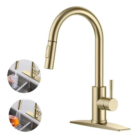 Grifo De Cocina Extraíble Con Pulsador Oro Cepillado Y-034