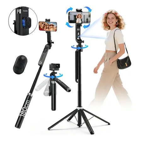 Tripé Para Celular Basike Com Rastreamento Facial Ia E Rotação 360° Para Câmera, Vlog E Gopro, Extensível Até 1.8m Preto