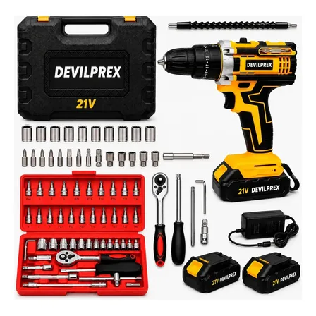Kit Parafusadeira Furadeira De Impacto 2 Baterias + Kit 46 Peças Profissional DEVILPREX