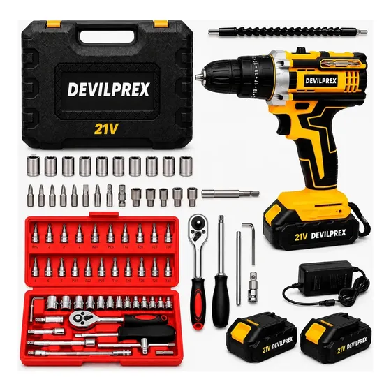 Kit Parafusadeira Furadeira De Impacto 2 Baterias + Kit 46 Peças Profissional DEVILPREX