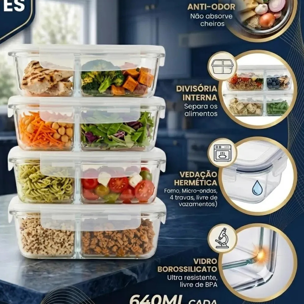 Conjunto de 4 potes de vidro retangulares com divisória interna, tampas transparentes com travas laterais, contendo diferentes tipos de alimentos, exibindo ícones informativos sobre vedação, resistência a calor e material borossilicato.