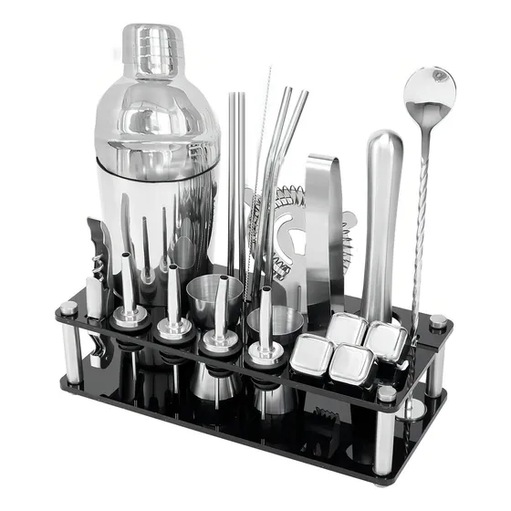 Kit Coctelería Barman Coctelera 750ml 24 Piezas Inox + Base