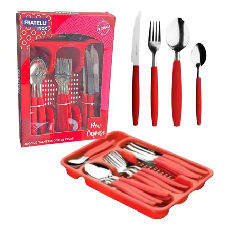 Jogo De Talheres New Caprese Inox Cabo Plastico Completo 25 Peças Organizador Cor Vermelho Fratelli