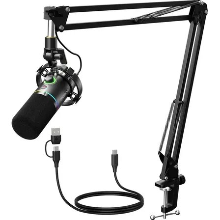 Micrófono Dinámico USB y XLR Maono PD200XS con Brazo y Luz RGB para Gaming, Streaming y Podcast