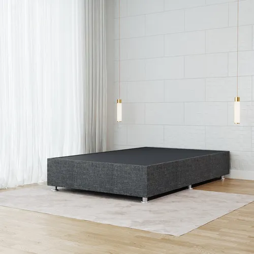 Base Cama Matrimonial Box Madera Con Tapiz Lino Gris Oxford