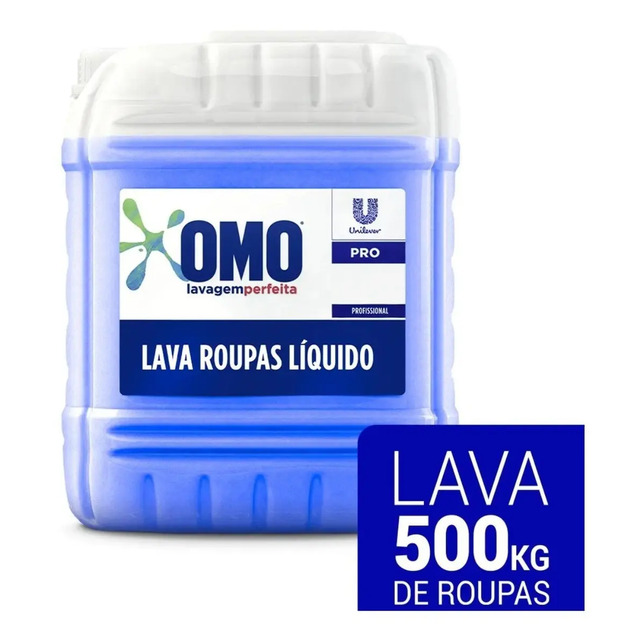 Galão de 7 litros de sabão líquido Omo Pro Lavanderia Profissional com rótulo azul e branco, destacando a capacidade de lavagem de 500kg de roupas.